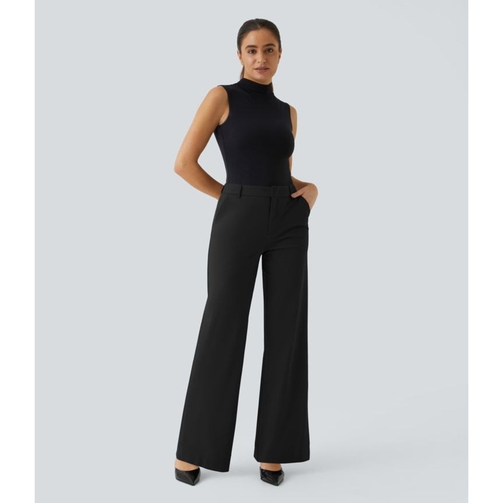 Halara Mid Rise Wide Leg Trousers Women Large Black Stretch Workwear Minimalist